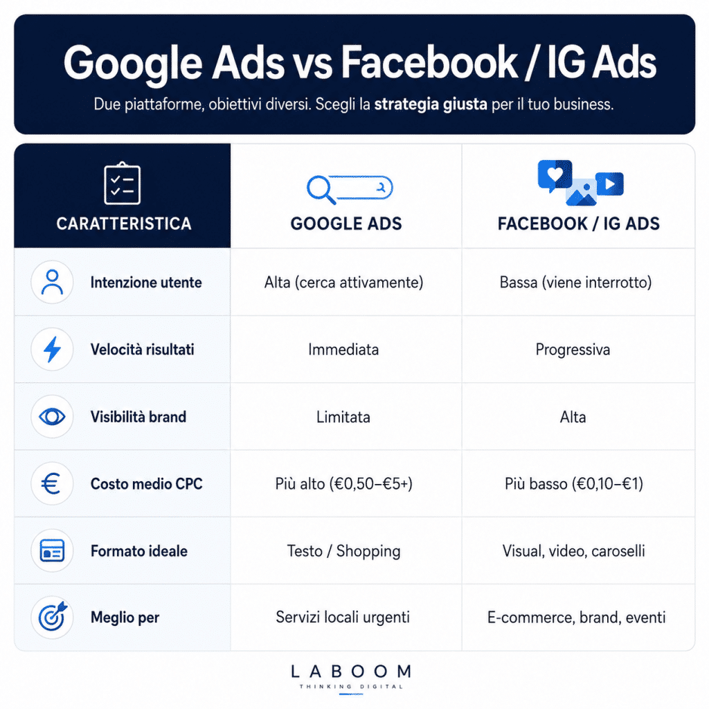 Immagine relativa a Meglio Google Ads o Facebook Ads? La guida per le PMI locali che vogliono investire bene per LABOOM Desig