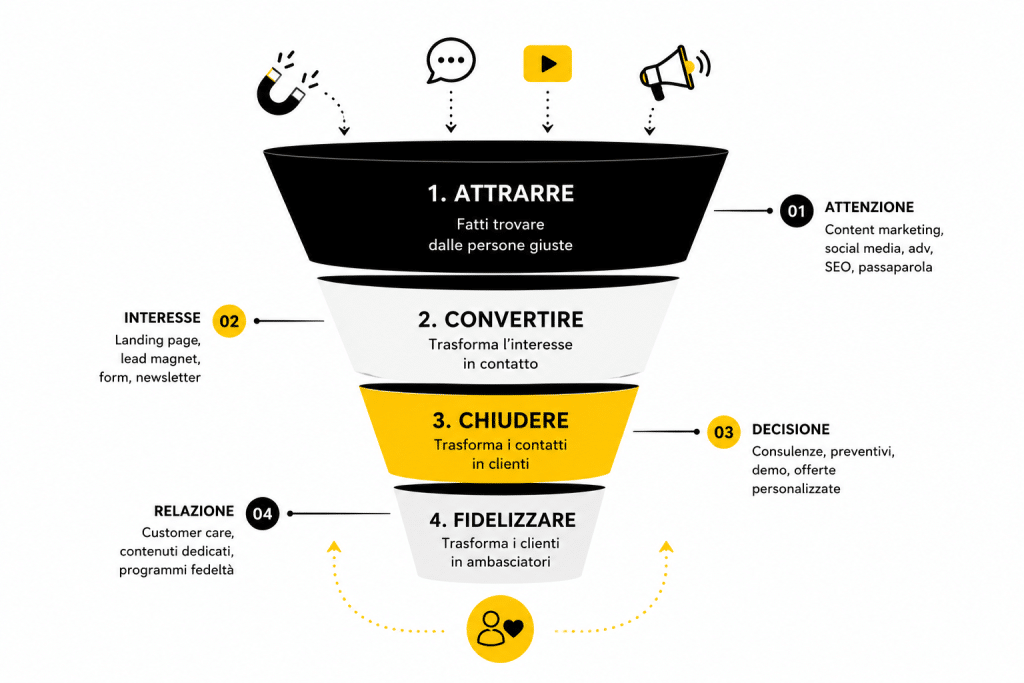 Funnel di inbound marketing con le quattro fasi: attrarre, convertire, chiudere, fidelizzare